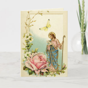 Carte Religieux Vintage Jésus Bon Pasteur Floral