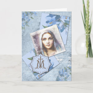Carte Religieux Vintage Vierge Marie Fleurie Anniversair