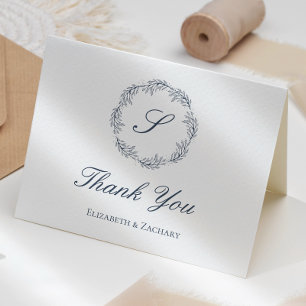 Carte Remerciement de mariage à monogramme bleu indigo c