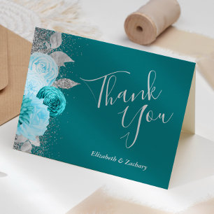 Carte Remerciement de mariage argent turquoise floral