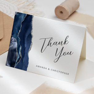 Carte Remerciement de mariage écriture Agate Argent Bleu