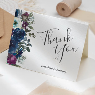 Carte Remerciement de mariage Fleurs aquarelle prune ble
