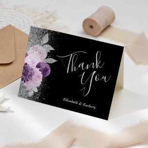 Carte Remerciement de mariage floral violet argent noir