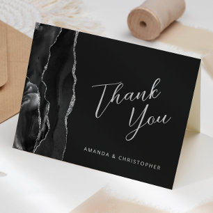 Carte Remerciement de mariage noir argent Agate Script S