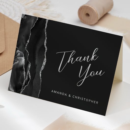 Carte Remerciement de mariage noir argent Agate Script S
