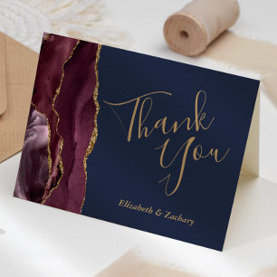 Carte Remerciement de mariage Or Agate Bourgogne Bleu Nu