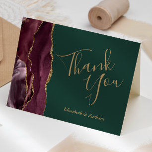 Carte Remerciement de mariage Or Vert Agate Bourgogne