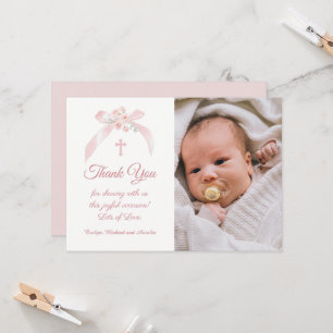 Carte Remerciement photo de baptême avec un nœud rose fl