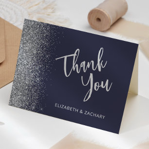 Carte Remerciements de mariage Paillettes Argent Bleu fo
