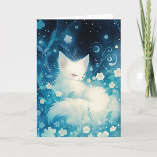 Carte Renard Blanc Endormi dans la Floraison (Devant)
