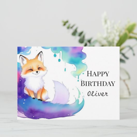 Carte Renard coloré personnalisé Anniversaire (Debout devant)