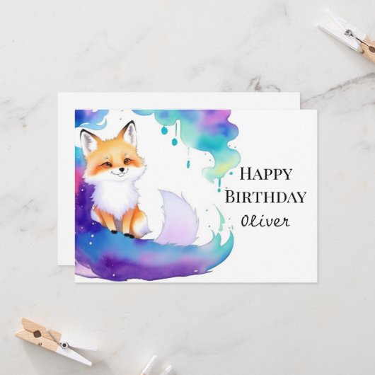 Carte Renard coloré personnalisé Anniversaire (Devant/Arrière en situation)