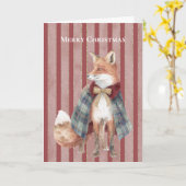 Carte Renard de Noël à rayures rouges (Fleur jaune)