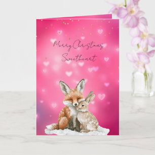 Carte Renard de Noël aux cœurs roses et lapin scintillan