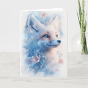 Carte Renard d'hiver radieux aux fleurs et aux yeux bleu