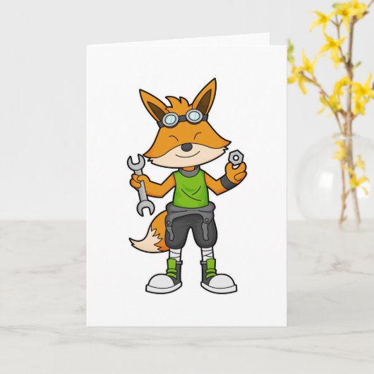 Carte Renard en mécanicien avec clé & écrou (Fleur jaune)