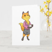 Carte Renard en secrétaire avec tasse de café (Fleur jaune)