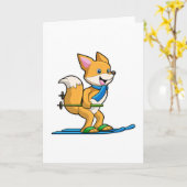 Carte Renard en skieur avec skis et bâtons de ski (Fleur jaune)