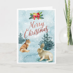 Carte Renard et lapin de Noël enneigé Pittoresque