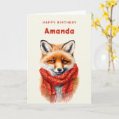 Carte Renard mignon avec une écharpe rouge Image d'autom (Fleur jaune)