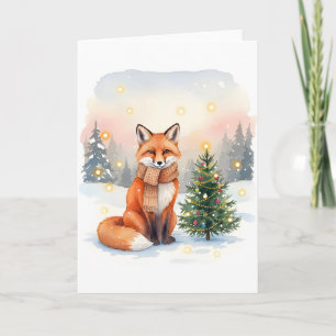 Carte Renard roux avec écharpe marron et sapin de Noël