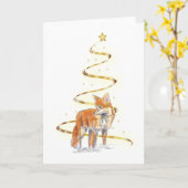 Carte Renard roux dans un arbre de Noël ruban doré (Fleur jaune)