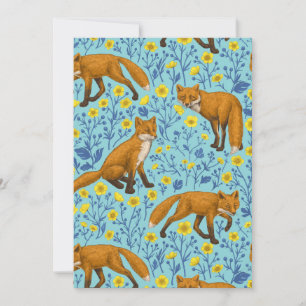 Carte Renards et boutons d'or sur fond bleu piscine