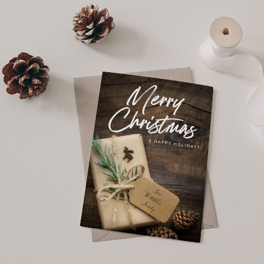 Carte Renne rustique et présent Joyeux Noël