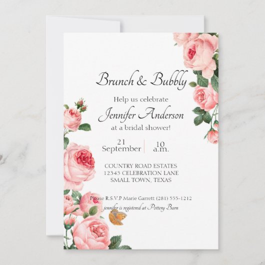 Carte Repas de midi pour la douche de mariée Rose rose g (Devant)