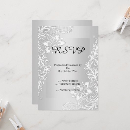 CARTE REPONSE ELEGANT LACE ARGENT 2 INVITATION (Devant/Arrière en situation)
