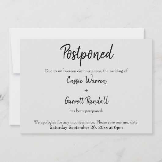 Carte "Reportée" Mariage noir sur gris clair (Devant)