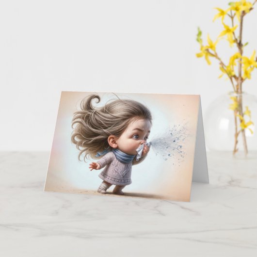 Carte Rétablis-toi vite Fille qui éternue avec un moucho (Fleur jaune)