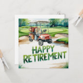 Carte Retraite de golf avec voiturette de golf sur le pu (Devant/Arrière en situation)