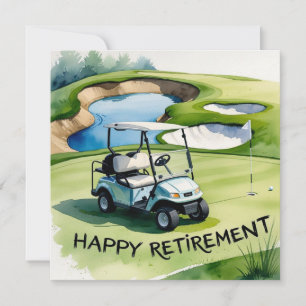 Carte Retraite de golf avec voiturette de golf sur le pu