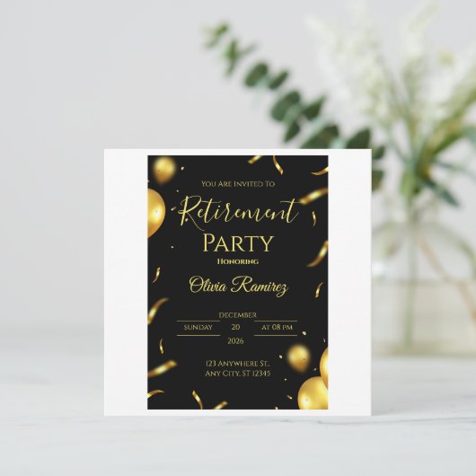 Carte Retraite Élégante Noire Et Or (Debout devant)