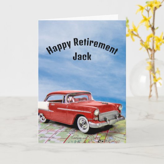 Carte Retraite voiture rouge et blanche rétro (Fleur jaune)