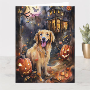 Carte Retriever doré Halloween avec citrouilles effrayan