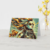 Carte Rétro astronaute féminine et poisson Toute l'occas (Fleur jaune)