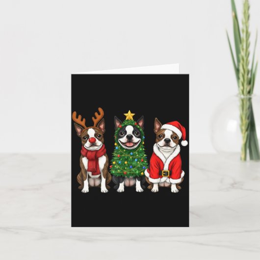 Carte Retro Christmas Boston Terrier Santa Reindeer Dog (Devant)
