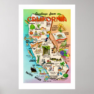 Carte Rétro de Californie Impression 24x36