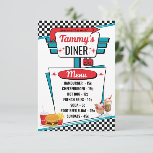 Carte Retro Diner 1950 noir, blanc et rouge (Debout devant)