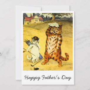 Carte Rétro Drôle Fête des Pères Golfeur Chat & Caddie