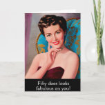 Carte Retro Femme Fabulous 50th Birthday Card<br><div class="desc">Cartes d'anniversaire de jalon amusant caractéristiques Retro 1950 bien coiffé socialite femme avec personnalisable "Cinquante fait semble fabuleux sur vous" salutation d'anniversaire qui est sûr de faire sourire le destinataire.</div>