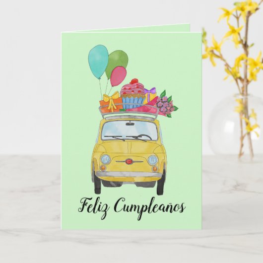 Carte Retro Fiat 500 pour l'anniversaire espagnol (Fleur jaune)