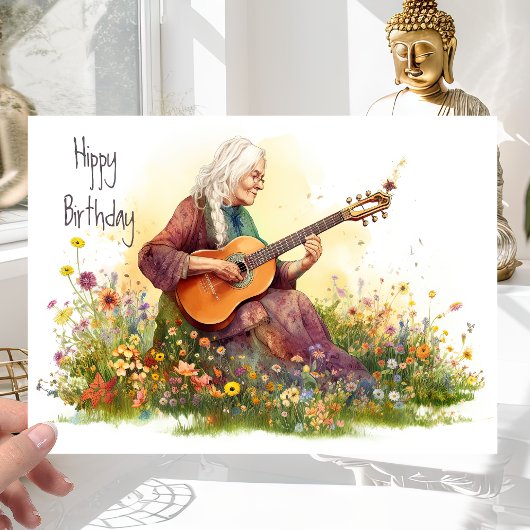 Carte Rétro Fille Hippie 60s Flower Power - Joyeux Anniv