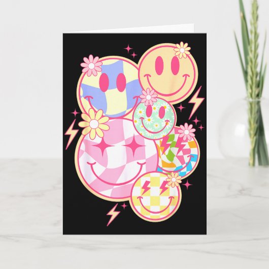 Carte Retro Groovy Smile Face Flower Happy Face Checkere (Devant)