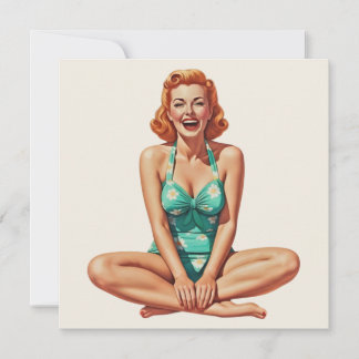 Carte Retro PinUp 1950s Girl en maillot de bain floral