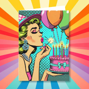 Carte Retro Pop Art Femme tenant un gâteau Joyeux annive