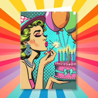 Carte Retro Pop Art Femme tenant un gâteau Joyeux annive