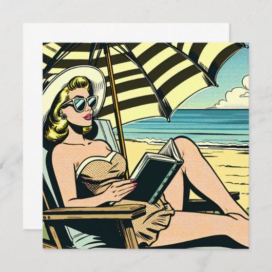 Carte Retro Pop Art Lady sur la plage (Devant / Derrière)